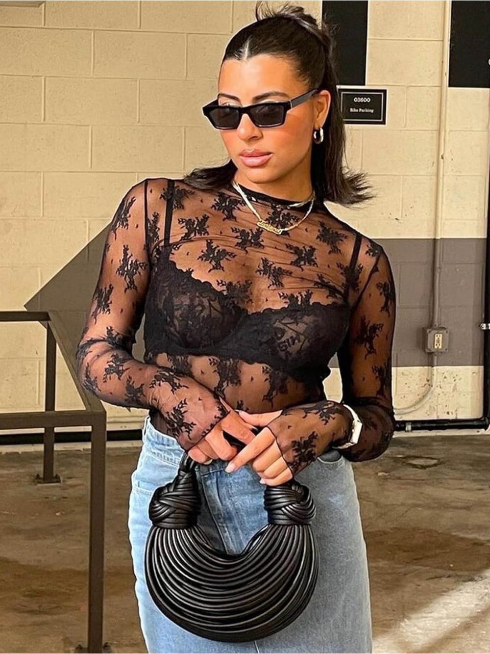 Black Sheer Lace Long-Sleeve Top